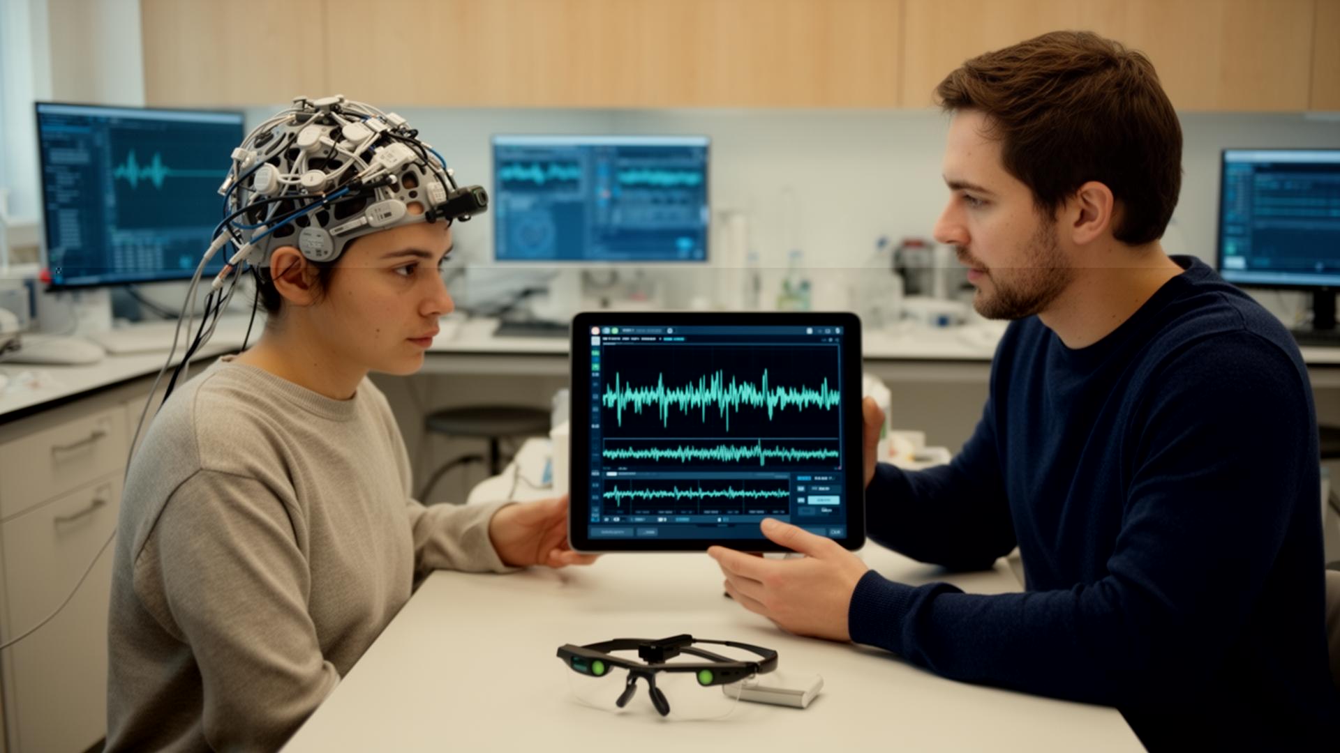 Onderzoeker bespreekt live EEG-signalen met een deelnemer