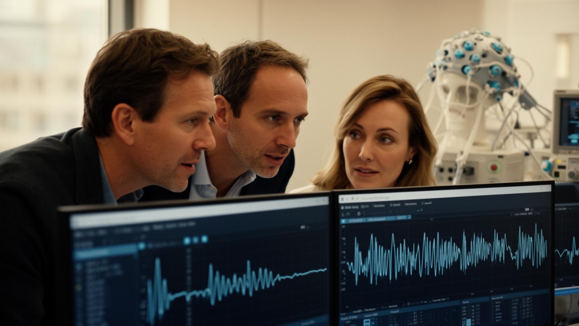 Neurofactor-team bespreekt EEG-data in het Neuro-lab