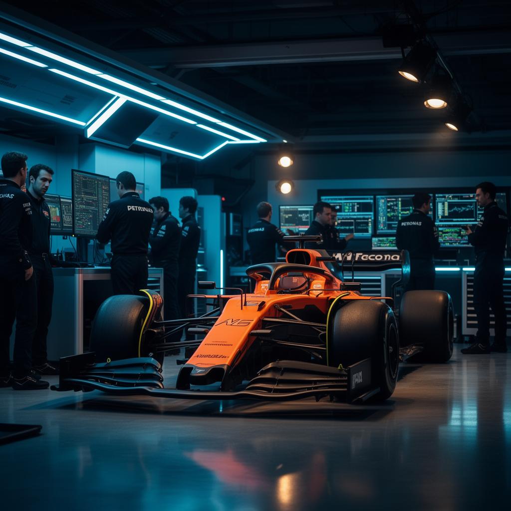 Engineers reviewing performance data in a high-tech racing garage