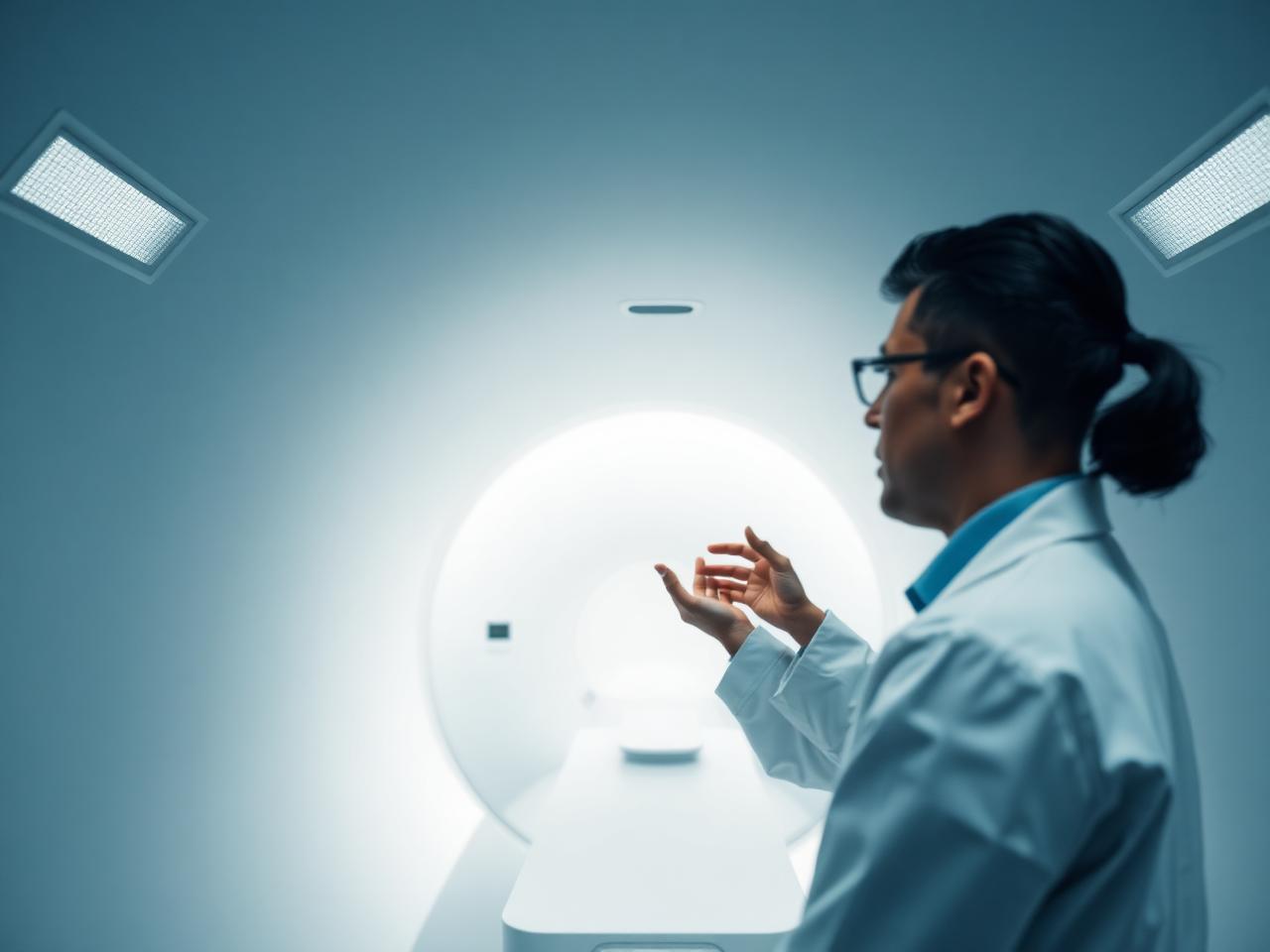 Onderzoeker die een gecontroleerde fMRI-opstelling coördineert in een academische partneromgeving