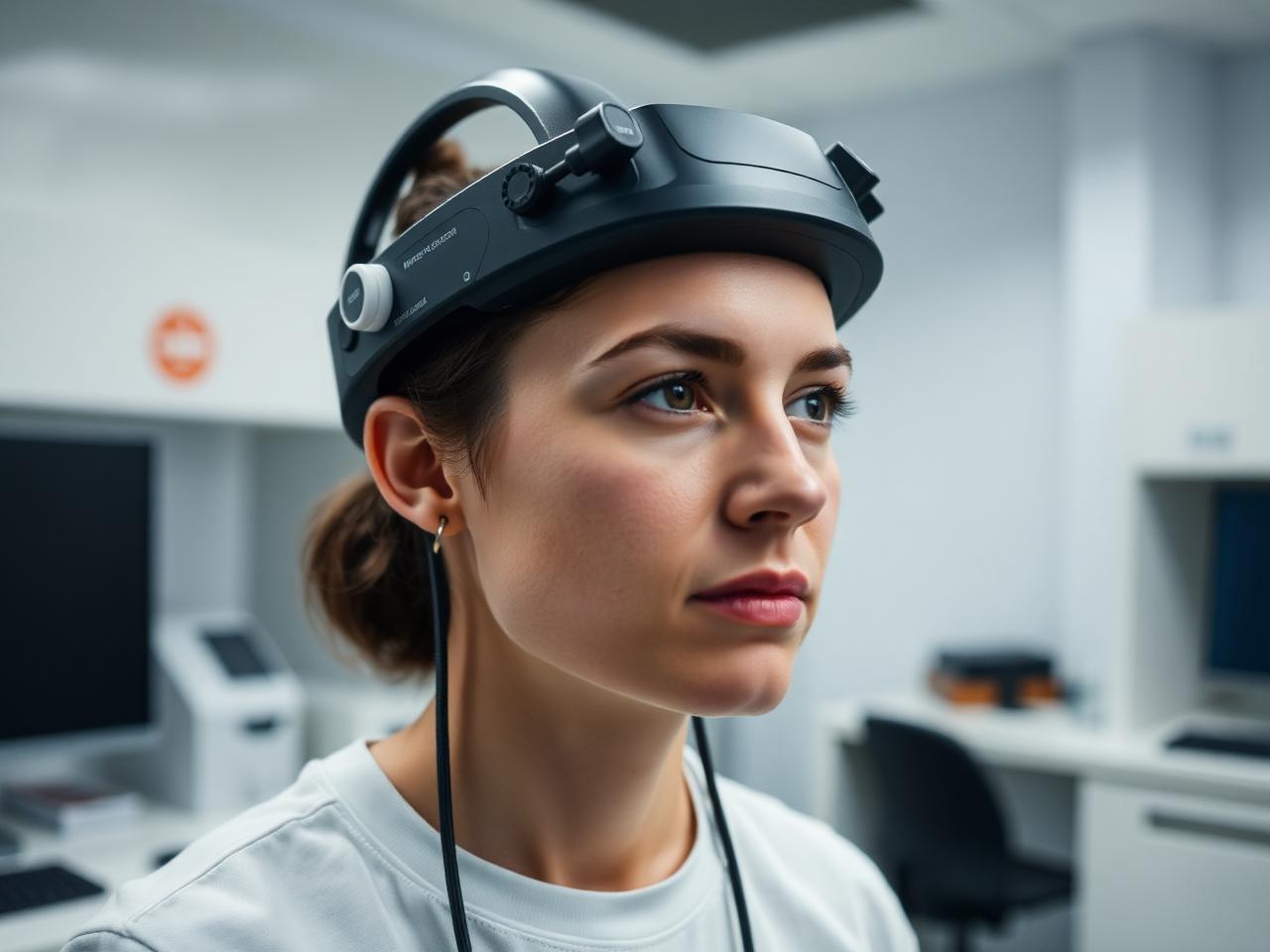 Participant with fNIRS optodes in a controlled neuro research setup