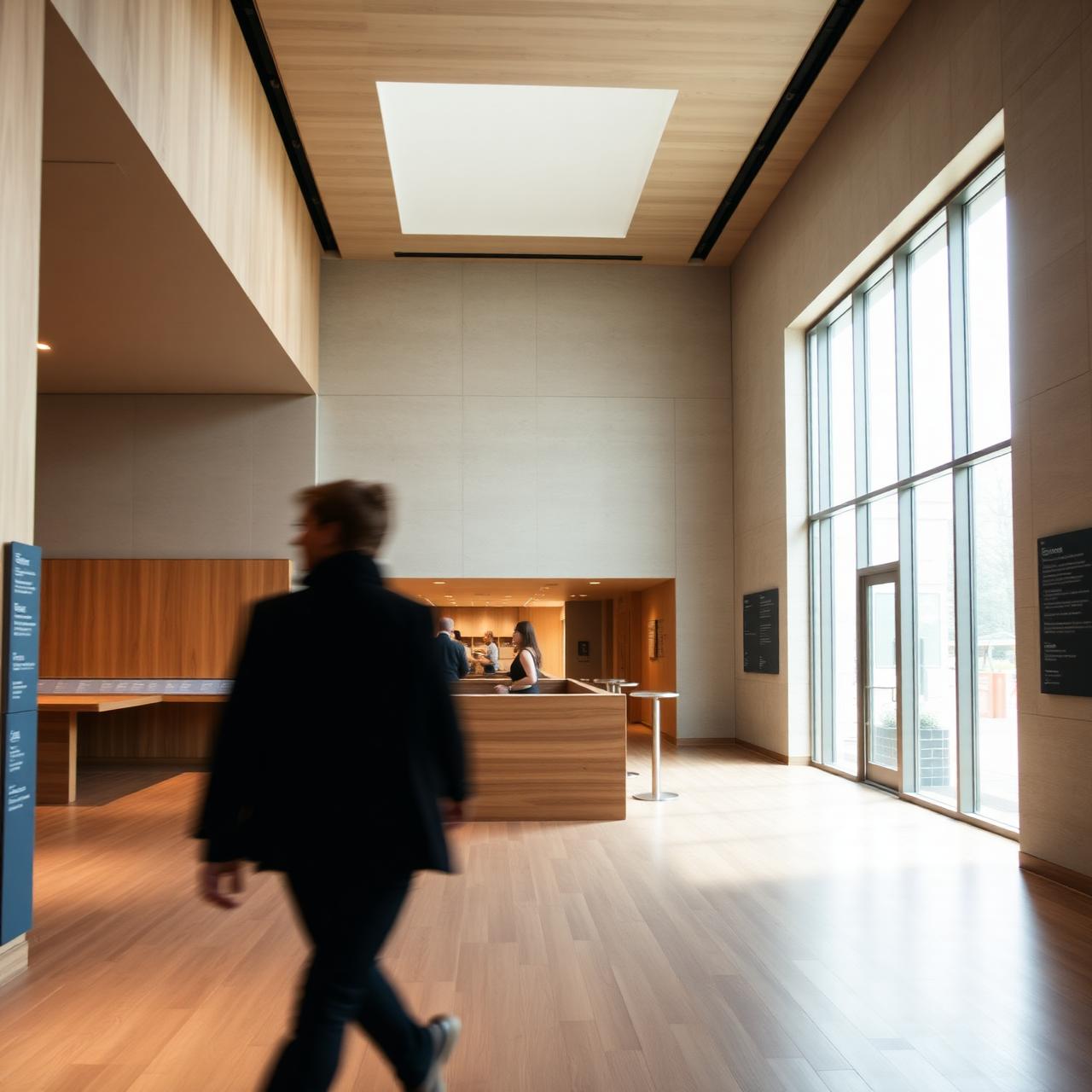 Person bewegt sich durch ein hochwertiges Interieur mit dezenter Wegeführung und Tageslicht