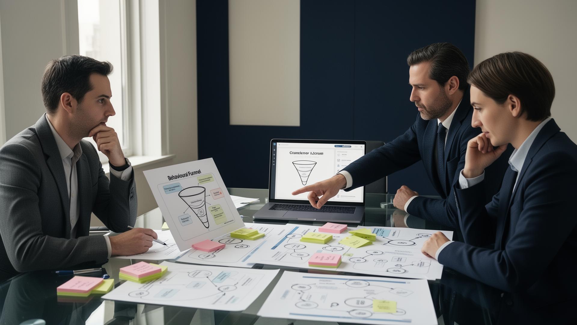 Besluitvormers bekijken een klantreis en gedragsdata tijdens een strategiesessie