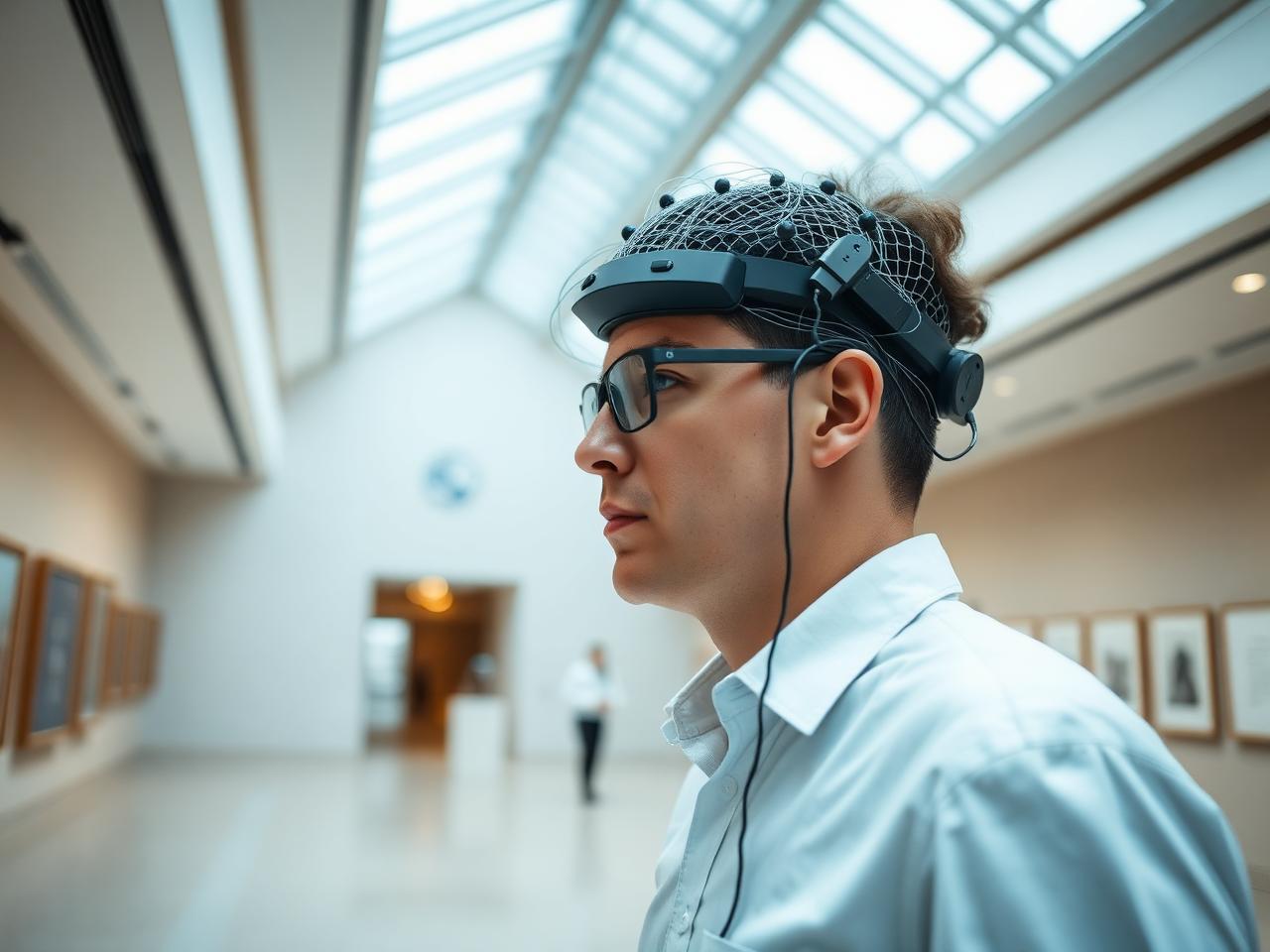 Researcher wearing a portable mobile EEG cap while moving through a real-world museum environment